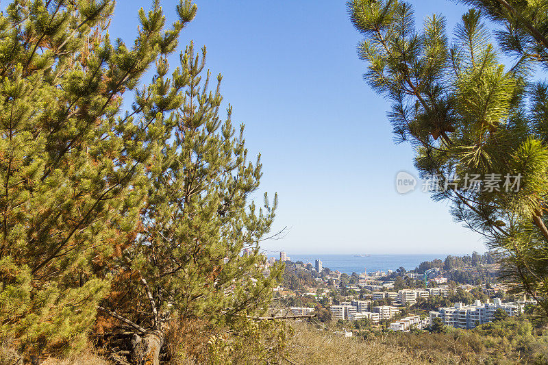 从智利最高的山脉环视Reñaca、Viña del Mar的景观